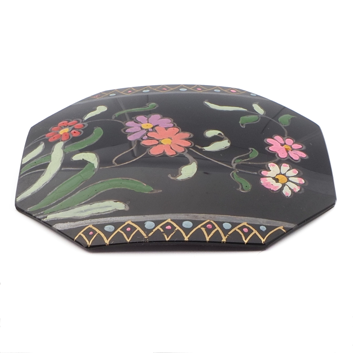 Antique Victorian daisy flower hand painted jet black glass jewelry element