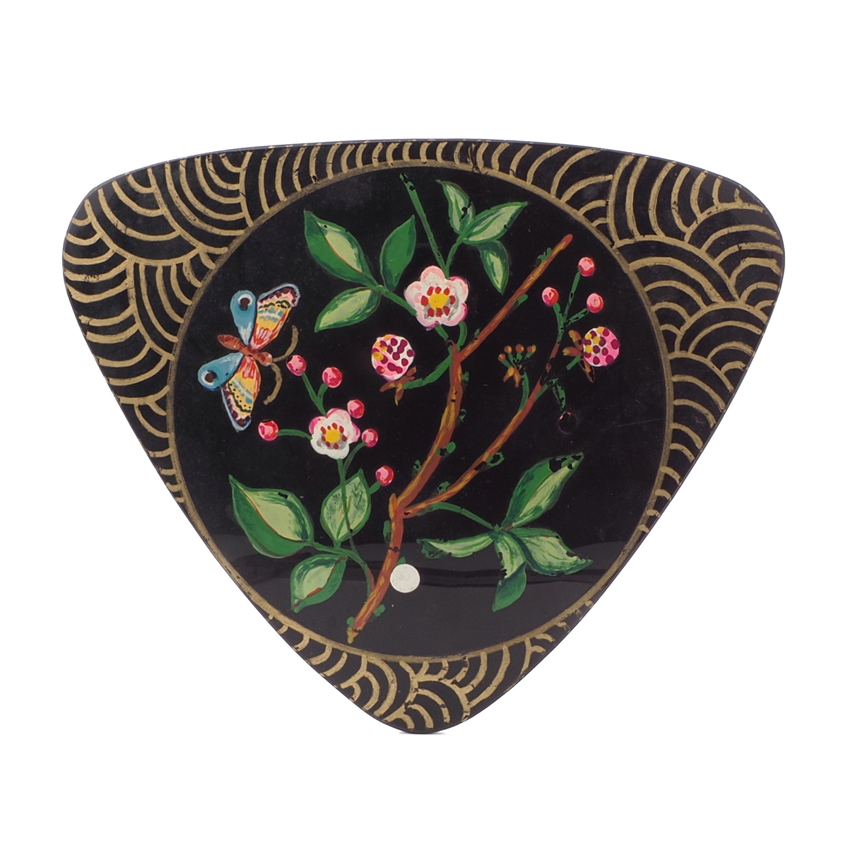 Victorian Antique flower butterfly hand painted jet black glass jewelry element