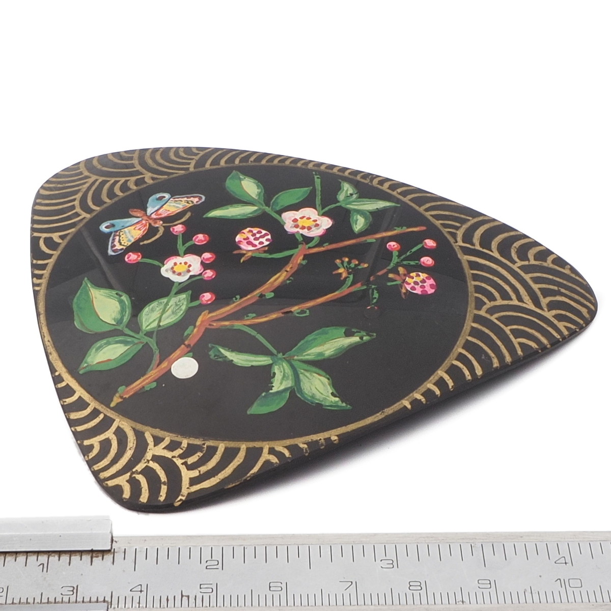 Victorian Antique flower butterfly hand painted jet black glass jewelry element