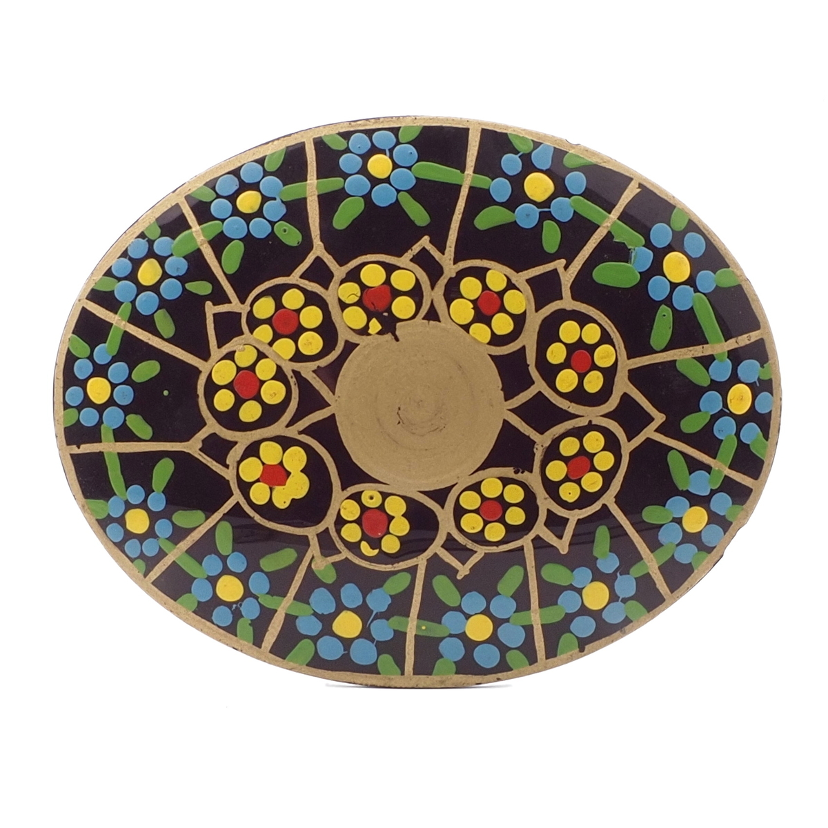 Large Antique Victorian hand painted gold gilt floral jet black glass jewelry element 