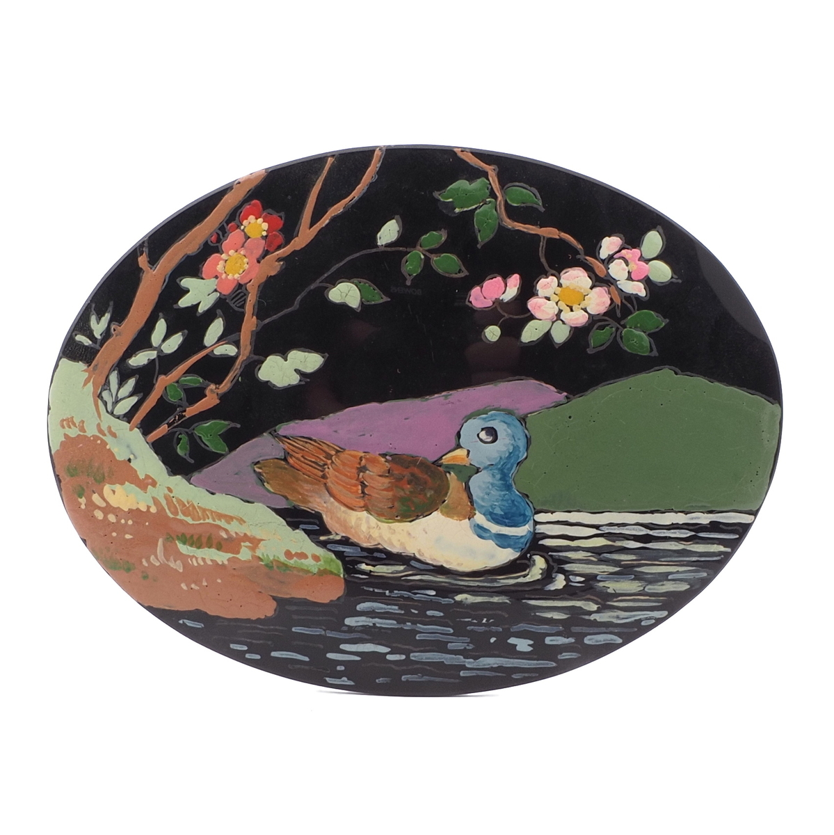 Large Antique Victorian hand painted duck on pond jet black glass jewelry element