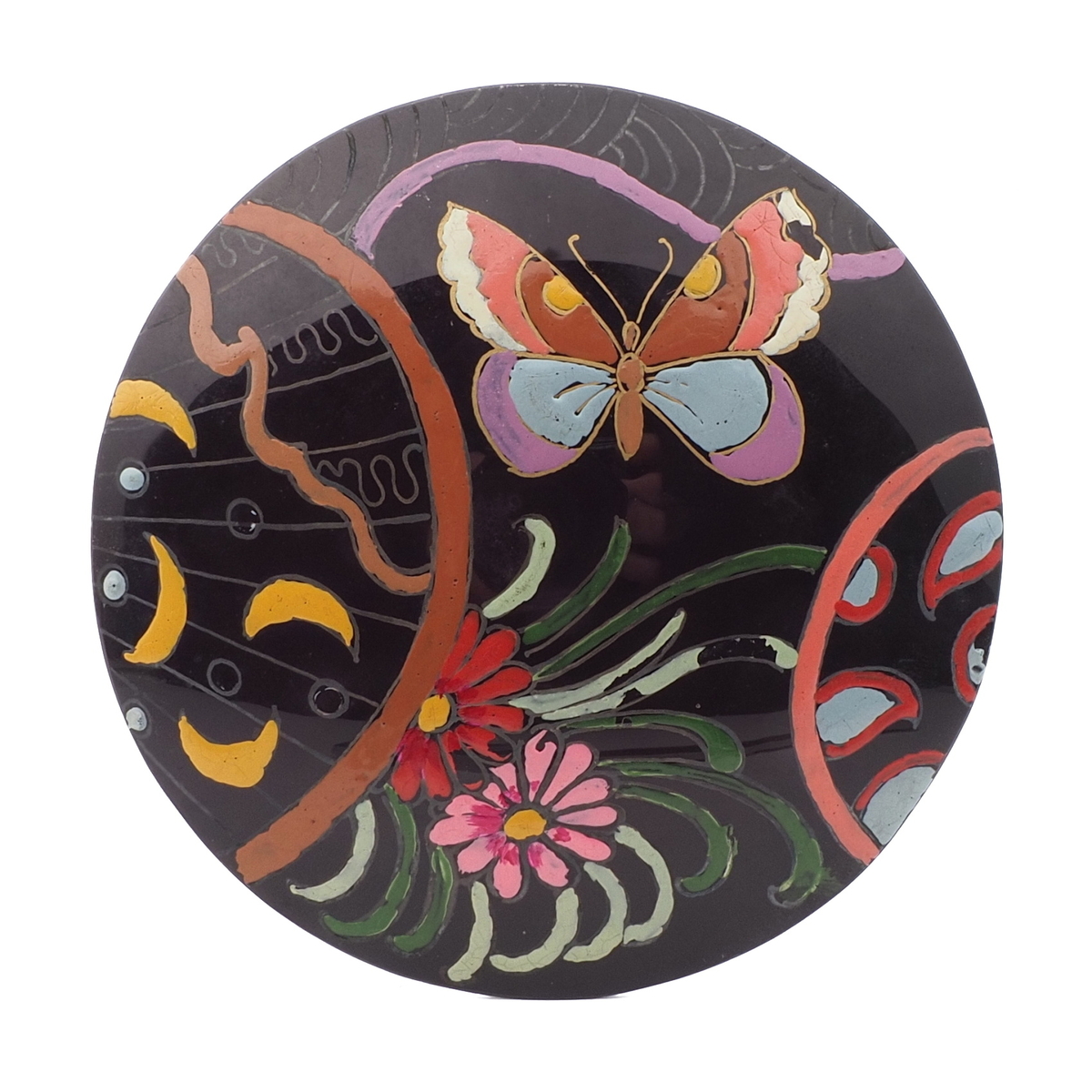 Antique Victorian butterfly floral hand painted jet black glass jewelry element