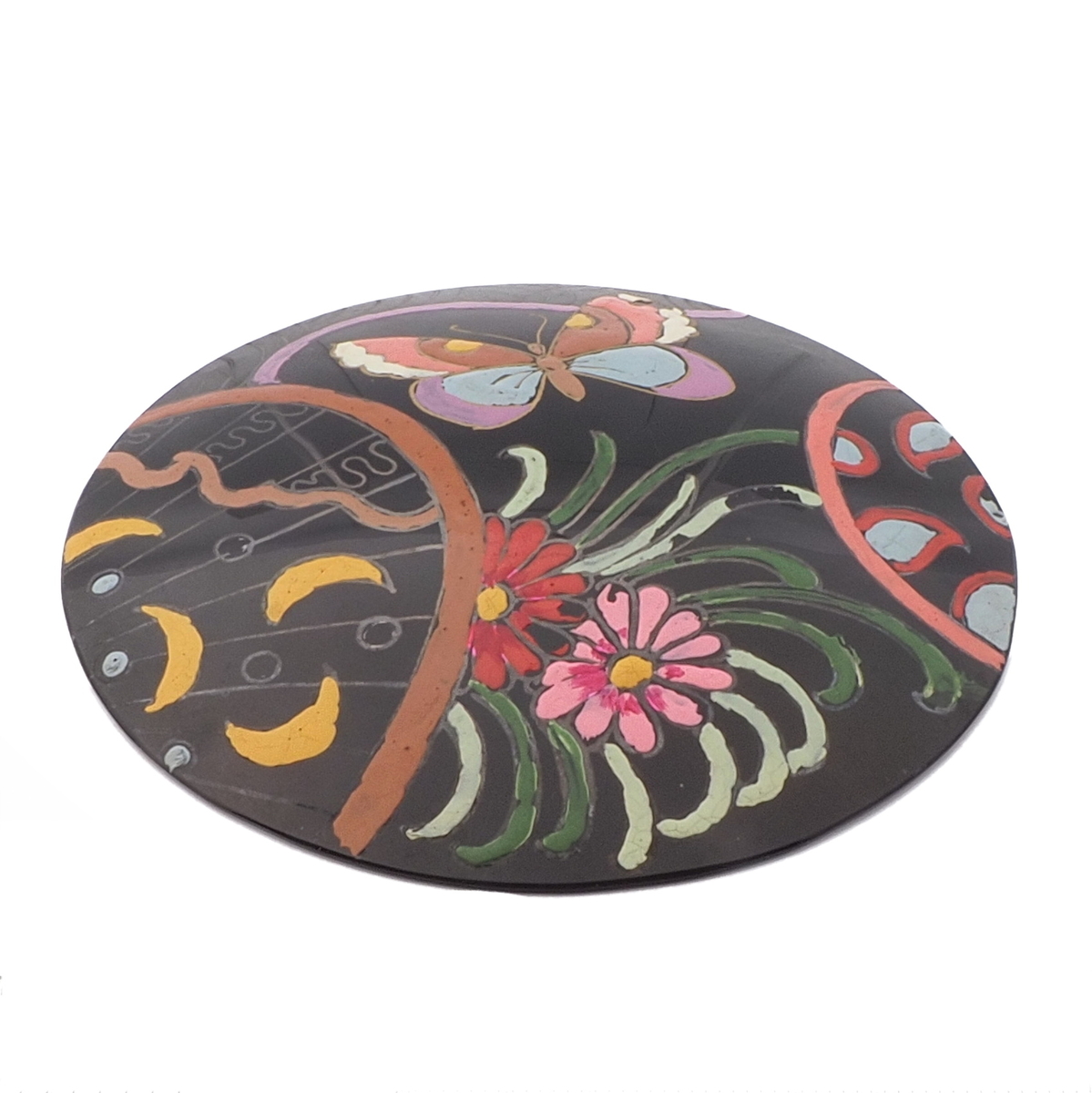 Antique Victorian butterfly floral hand painted jet black glass jewelry element