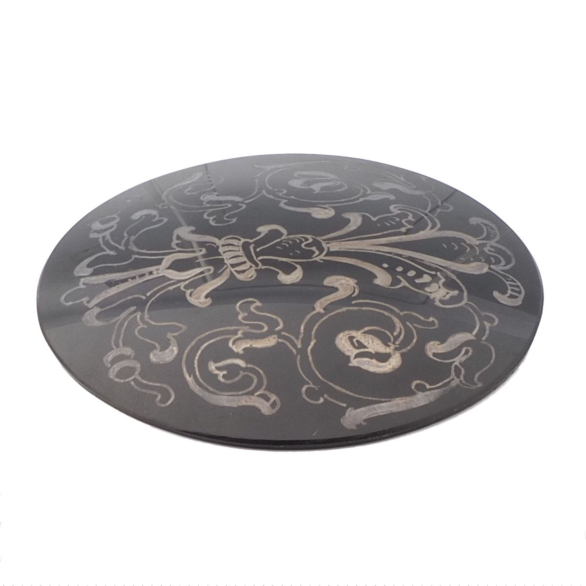 Antique Victorian floral scroll hand painted jet black mourning glass jewelry design element