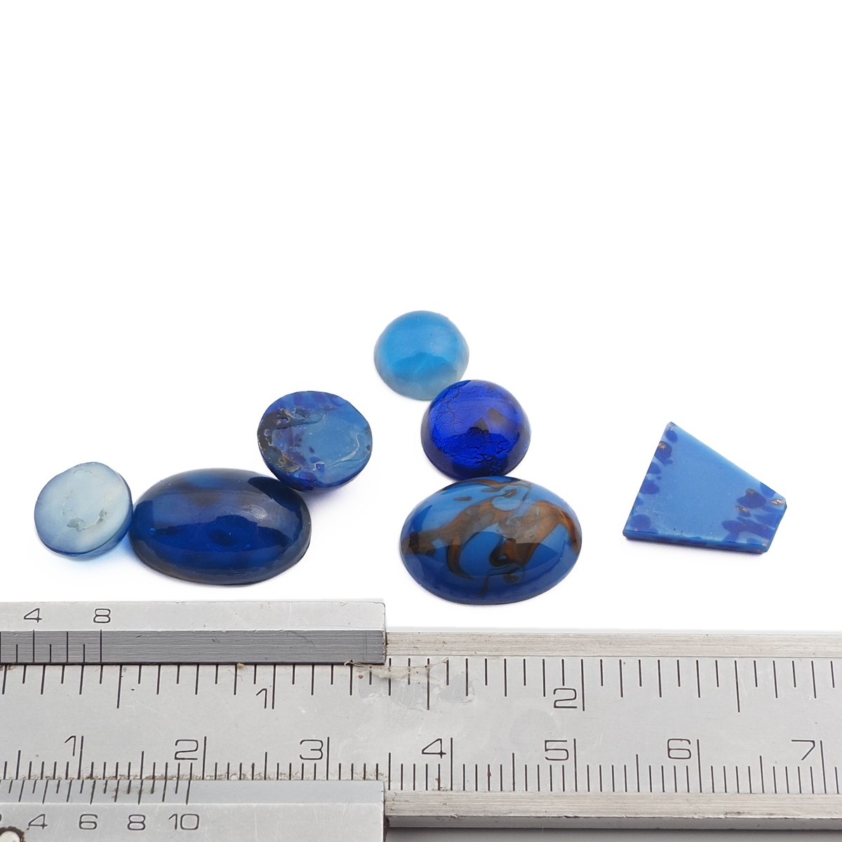 Lot (7) Czech vintage blue glass cabochons Lapis marble foil satin