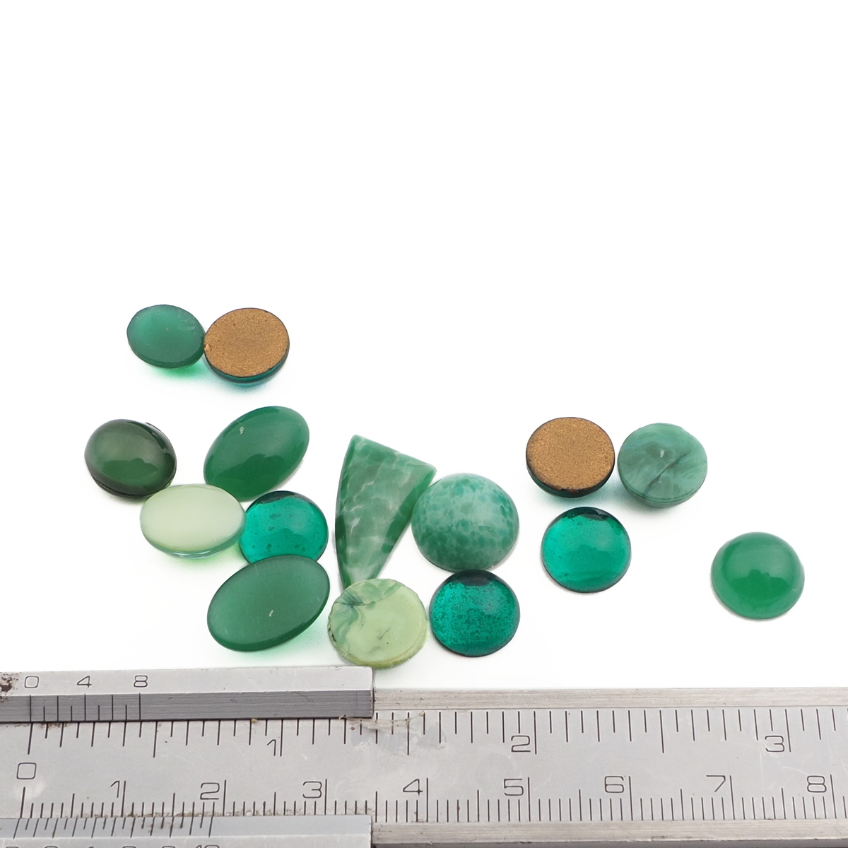 Lot (15) Czech vintage glass cabochons green matrix marble opaline