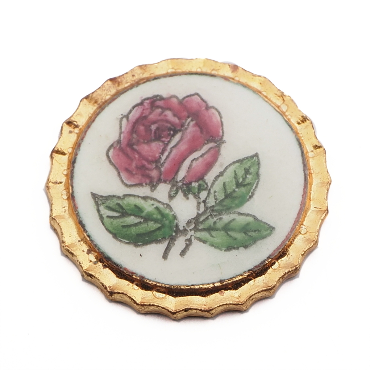 Czech vintage metal mounted pink rose floral white glass cabochon 22mm 
