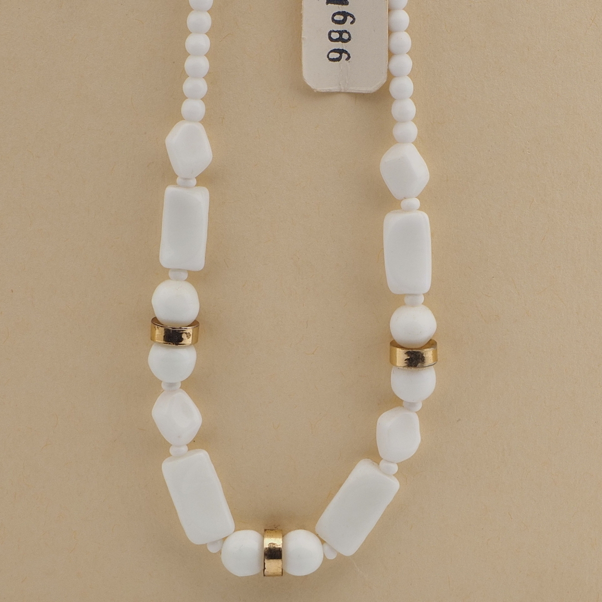 Vintage Czech necklace white rectangle oval glass beads 16"