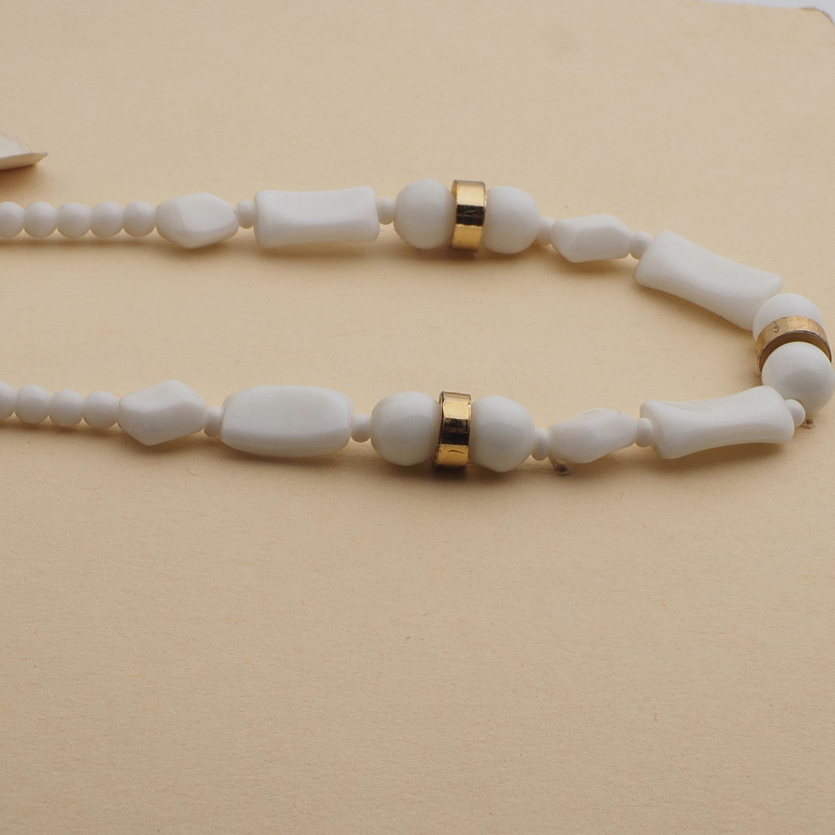 Vintage Czech necklace white rectangle oval glass beads 16"