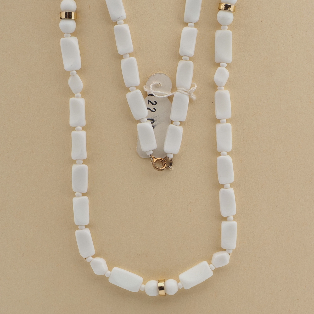 Vintage Czech necklace white rectangle round oval glass beads 25"