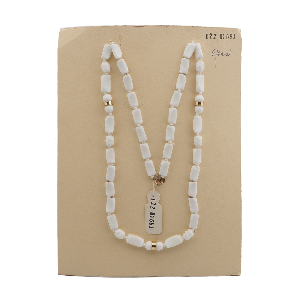 Vintage Czech necklace white rectangle round oval ribbed glass beads 26"