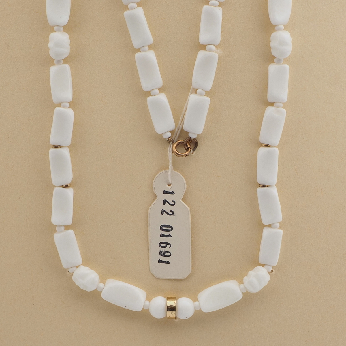 Vintage Czech necklace white rectangle round oval ribbed glass beads 26"