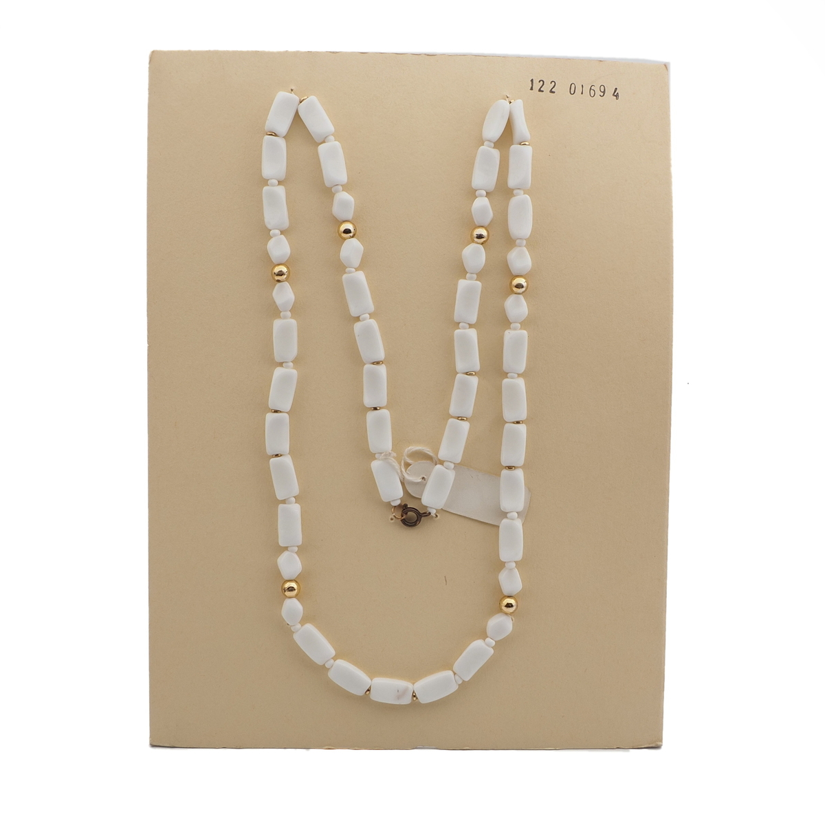 Vintage Czech necklace white rectangle oval glass beads 27"