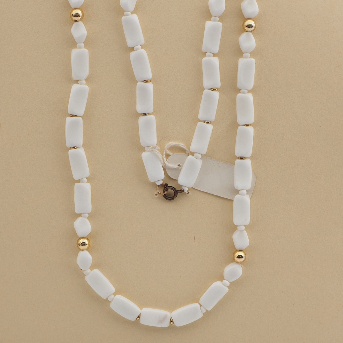 Vintage Czech necklace white rectangle oval glass beads 27"