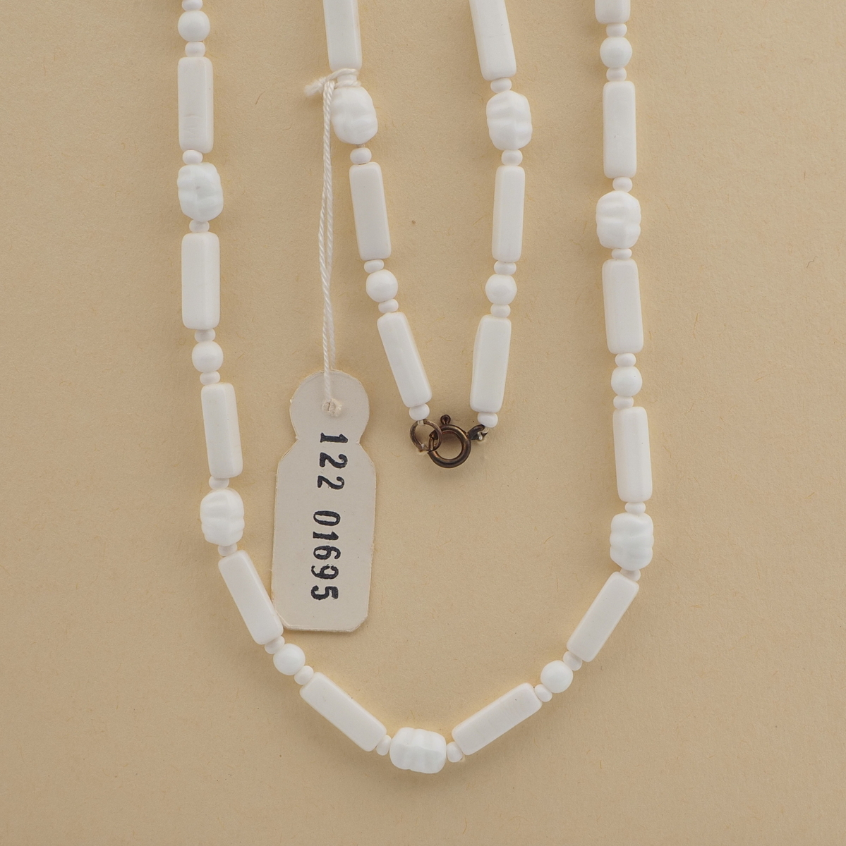 Vintage Czech necklace white rectangle ribbed oval glass beads 27"