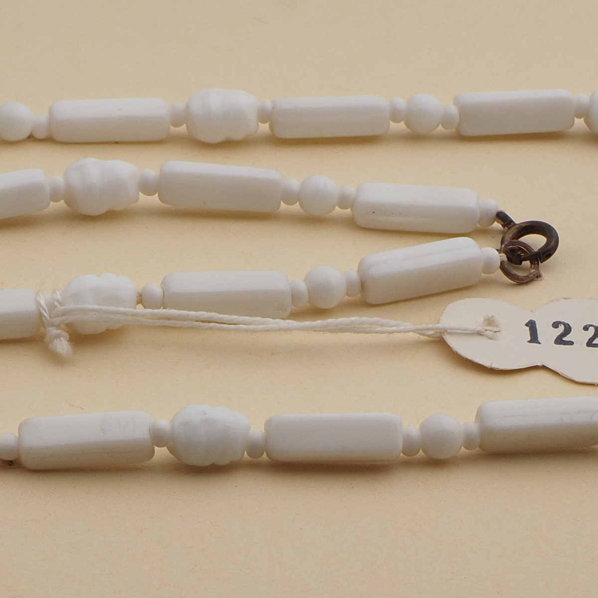 Vintage Czech necklace white rectangle ribbed oval glass beads 27"