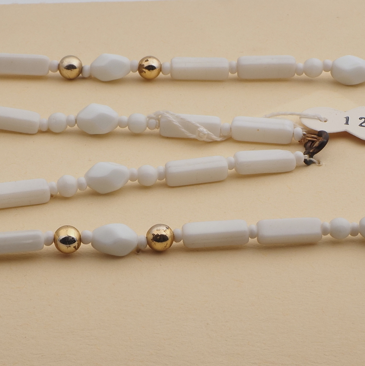 Vintage Czech necklace white rectangle bugle oval round glass beads 27"