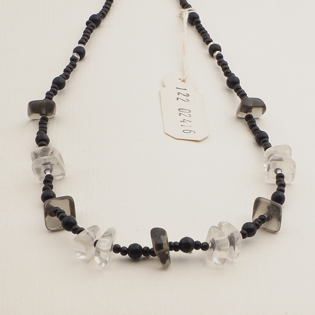Vintage Czech necklace black clear green glass beads 16"