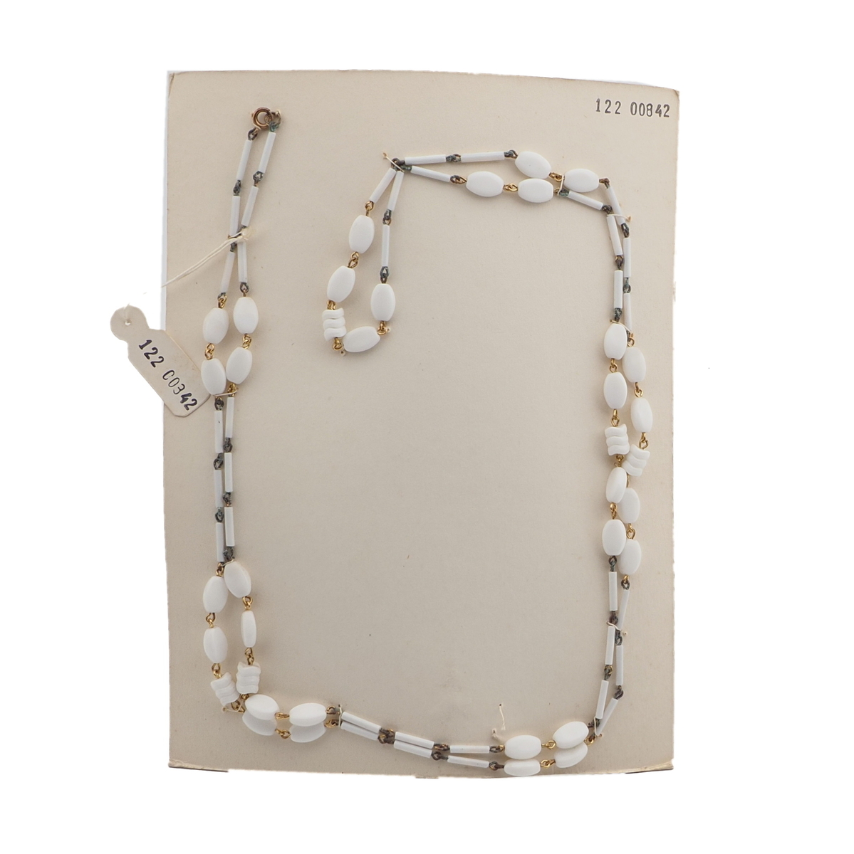 Vintage Czech link necklace white oval bugle rondelle glass beads 44"