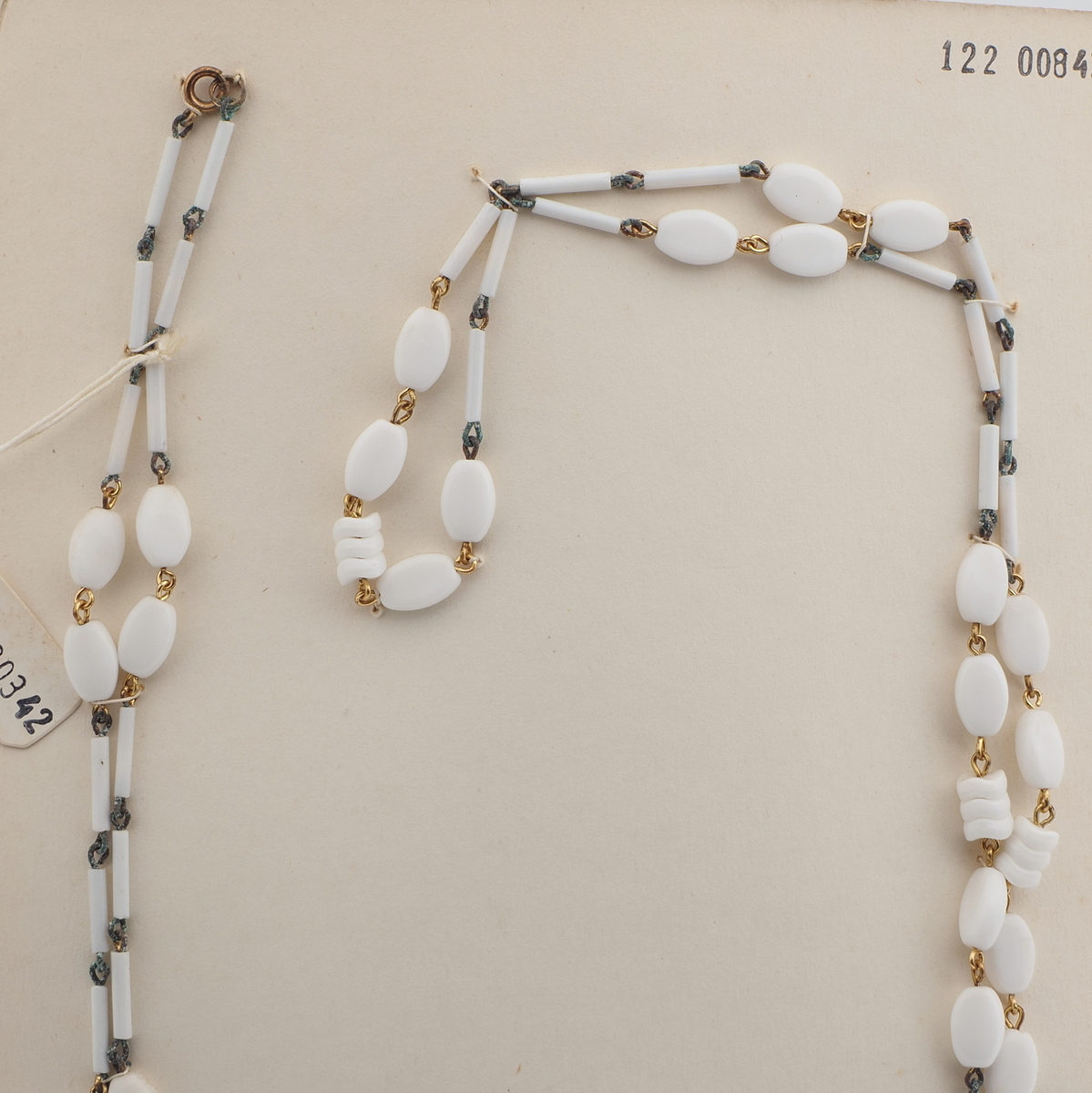 Vintage Czech link necklace white oval bugle rondelle glass beads 44"