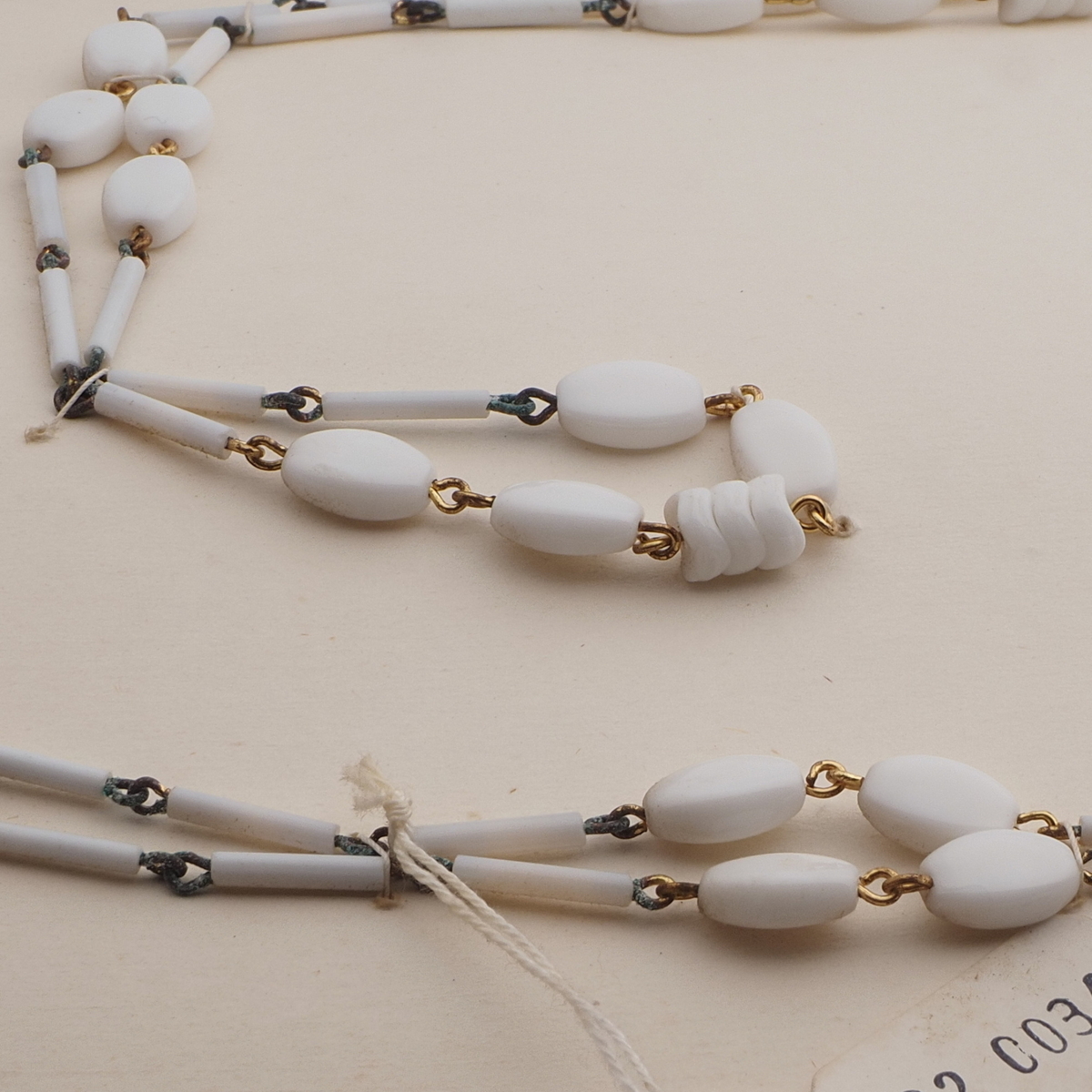 Vintage Czech link necklace white oval bugle rondelle glass beads 44"