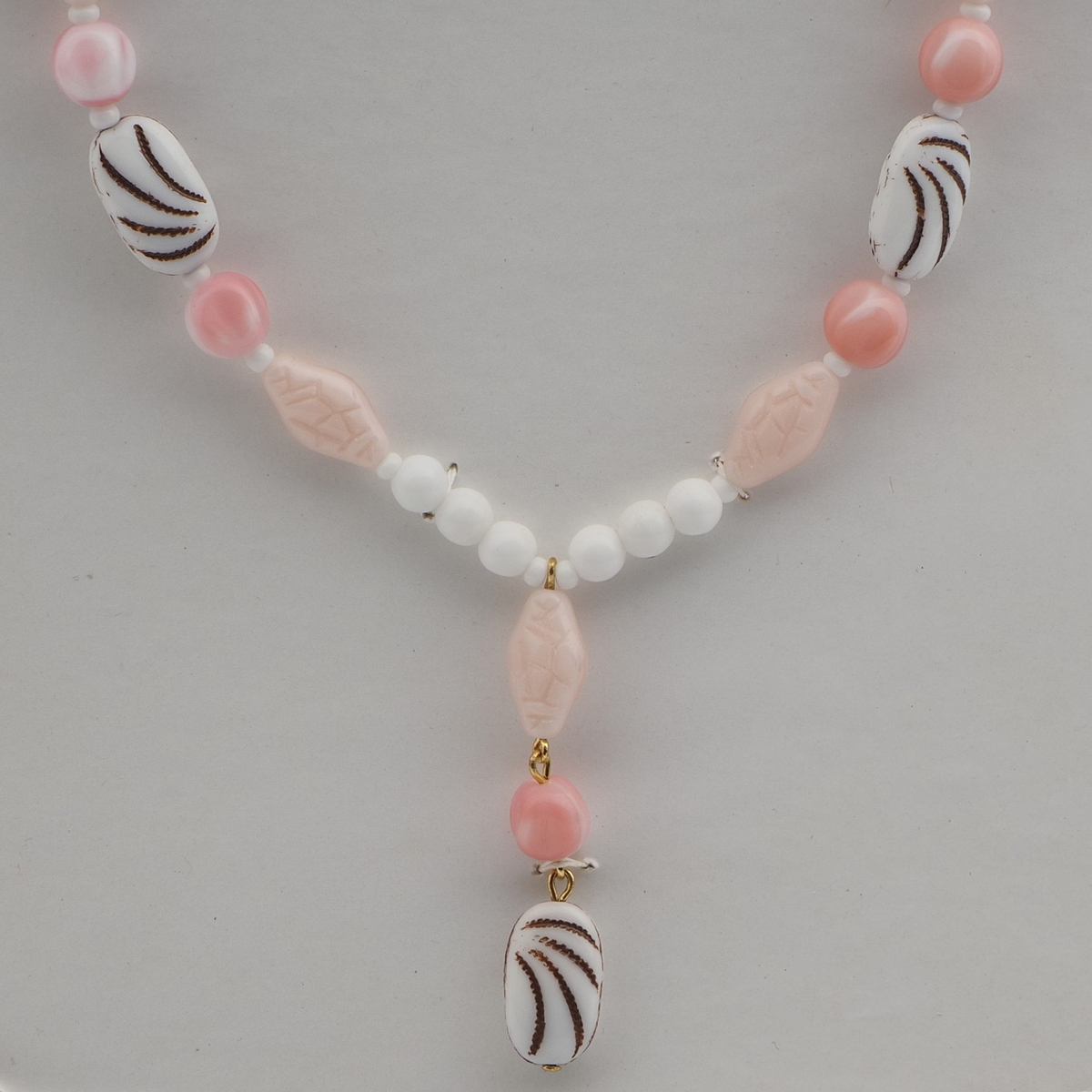 Vintage Czech necklace white pink feathered glass beads