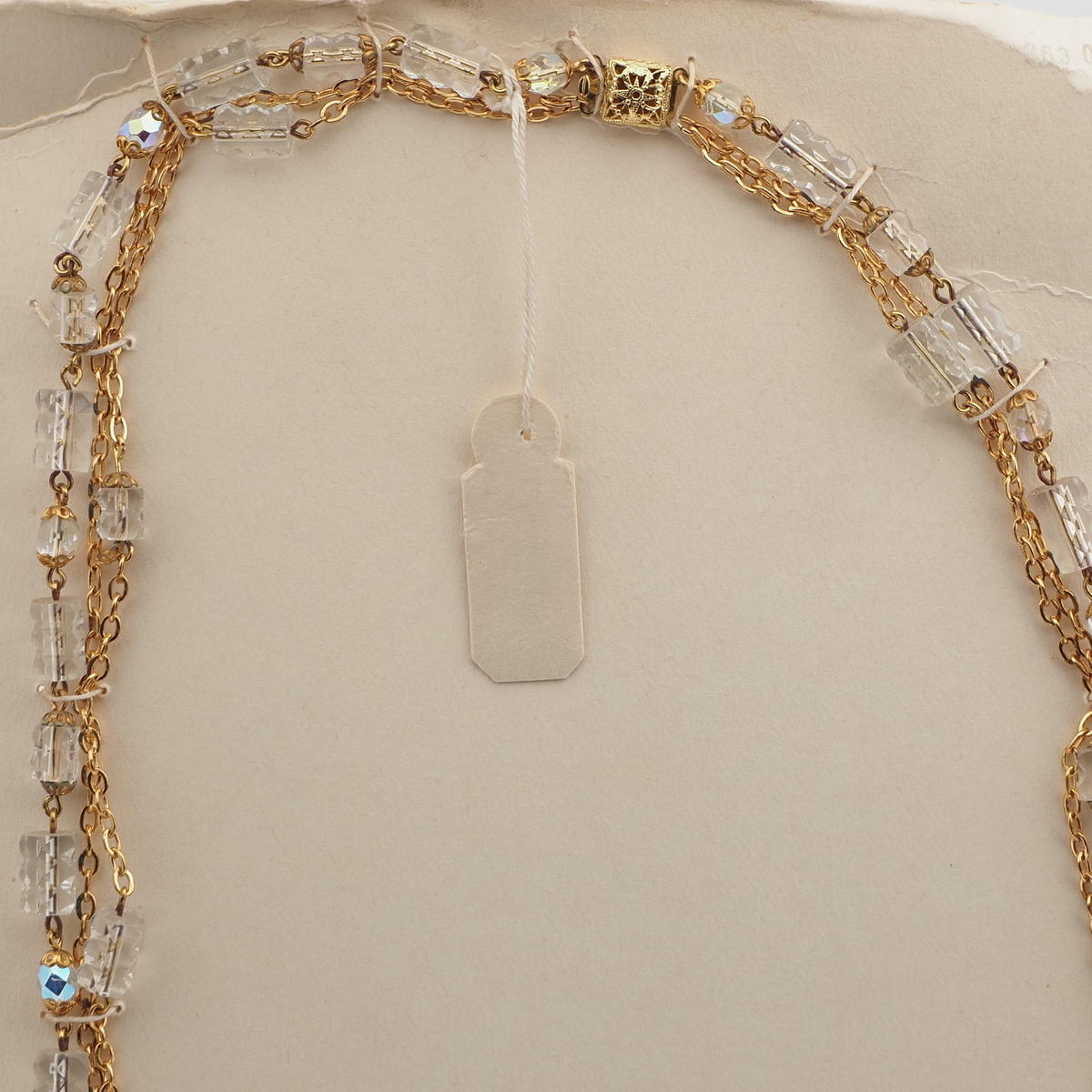 Vintage Czech 3 strand chain link necklace AB clear pentagon glass beads