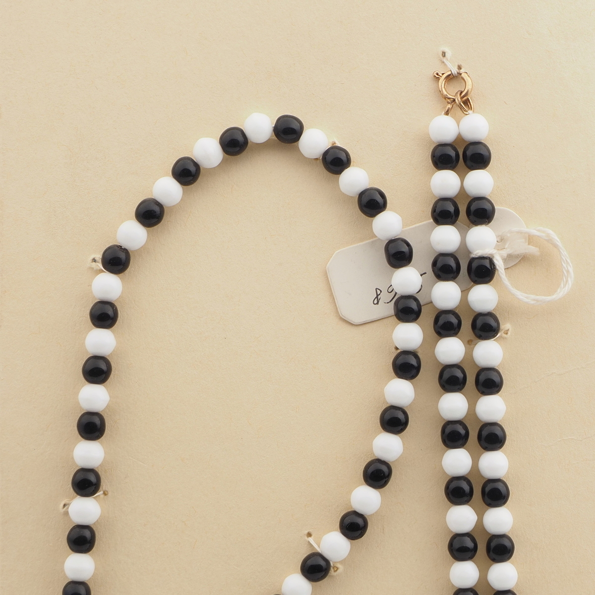 Vintage Czech necklace white black round glass beads 31"