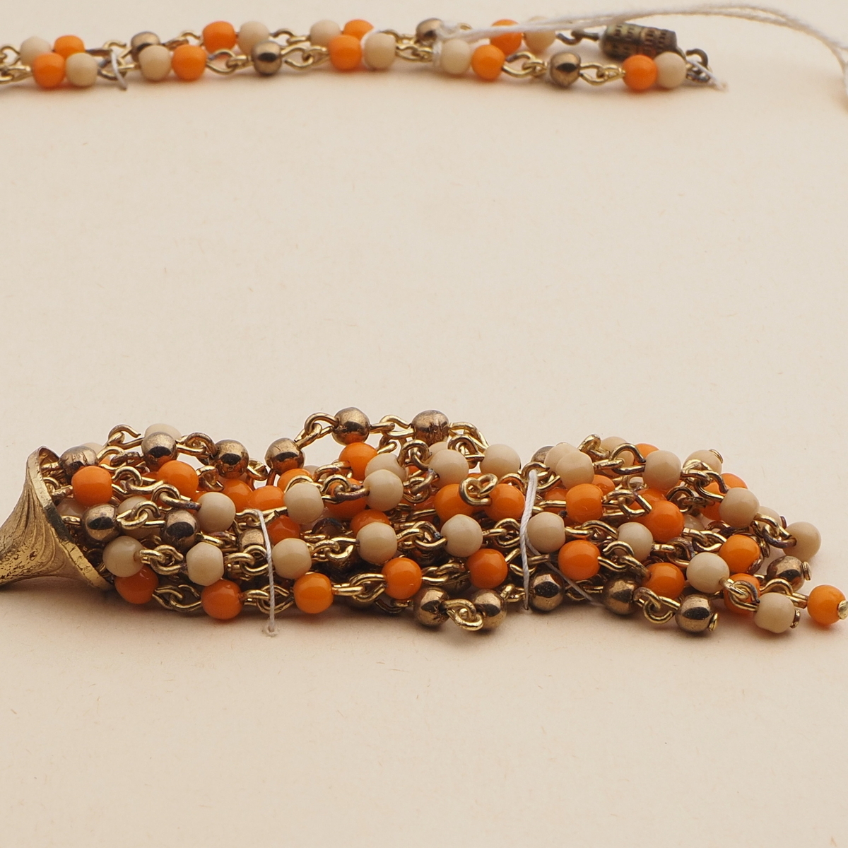 Vintage Czech link tassle necklace orange beige glass beads
