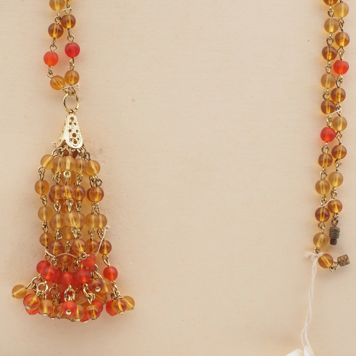 Vintage Czech link tassle necklace topaz amber glass beads