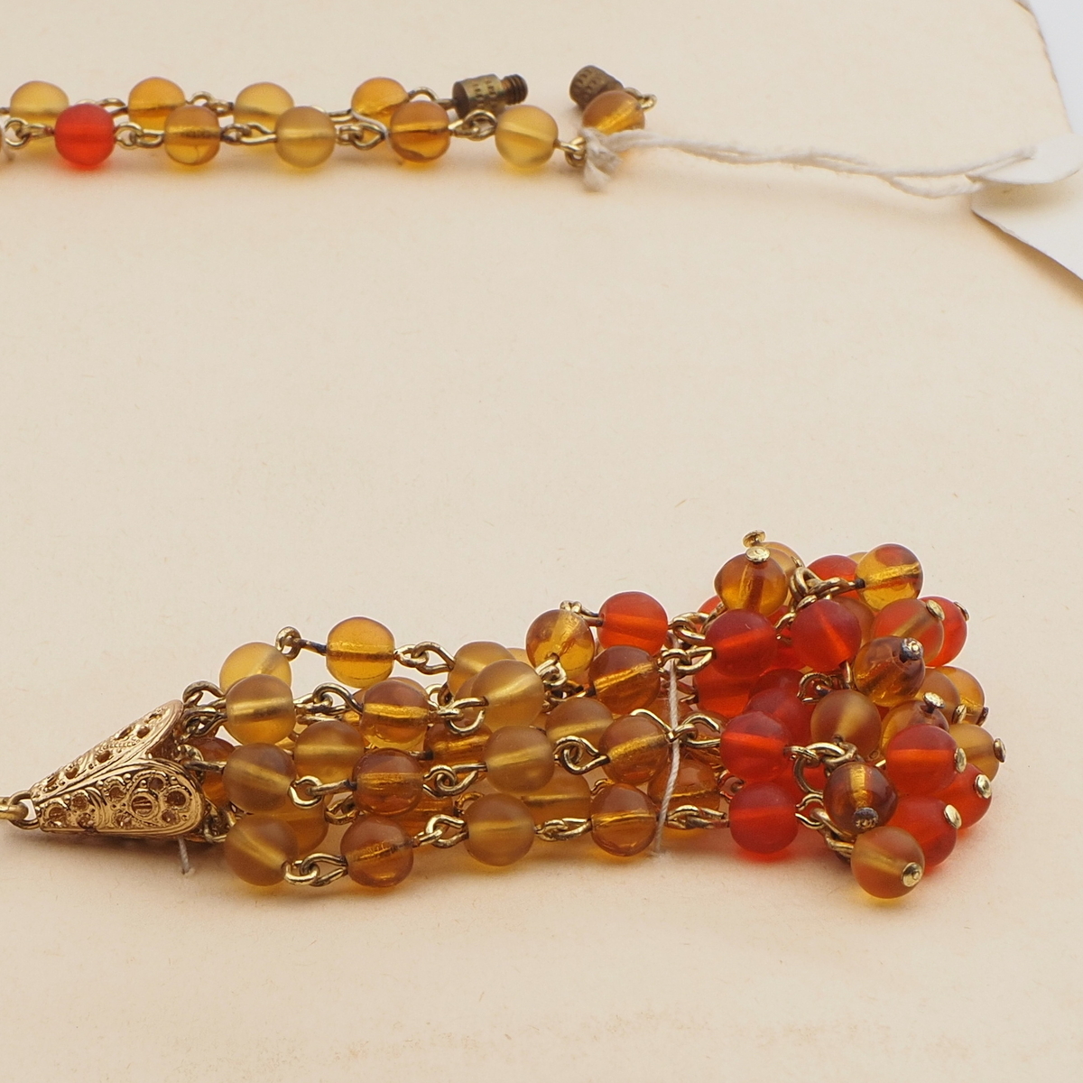 Vintage Czech link tassle necklace topaz amber glass beads