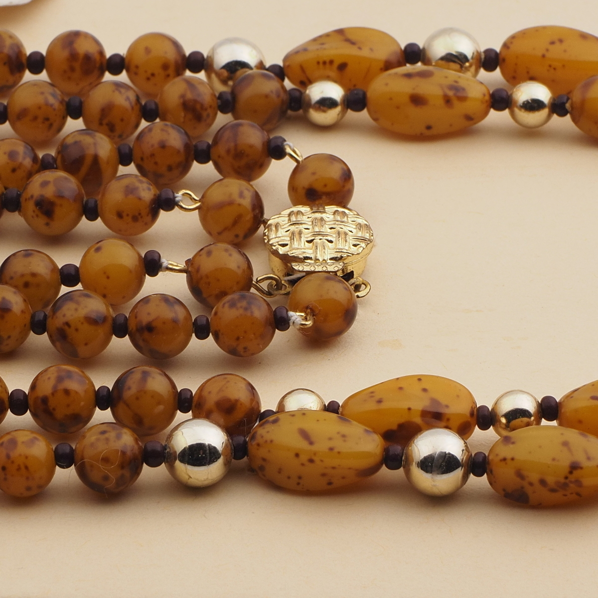 Vintage Czech 2 strand necklace mustard marble glass beads