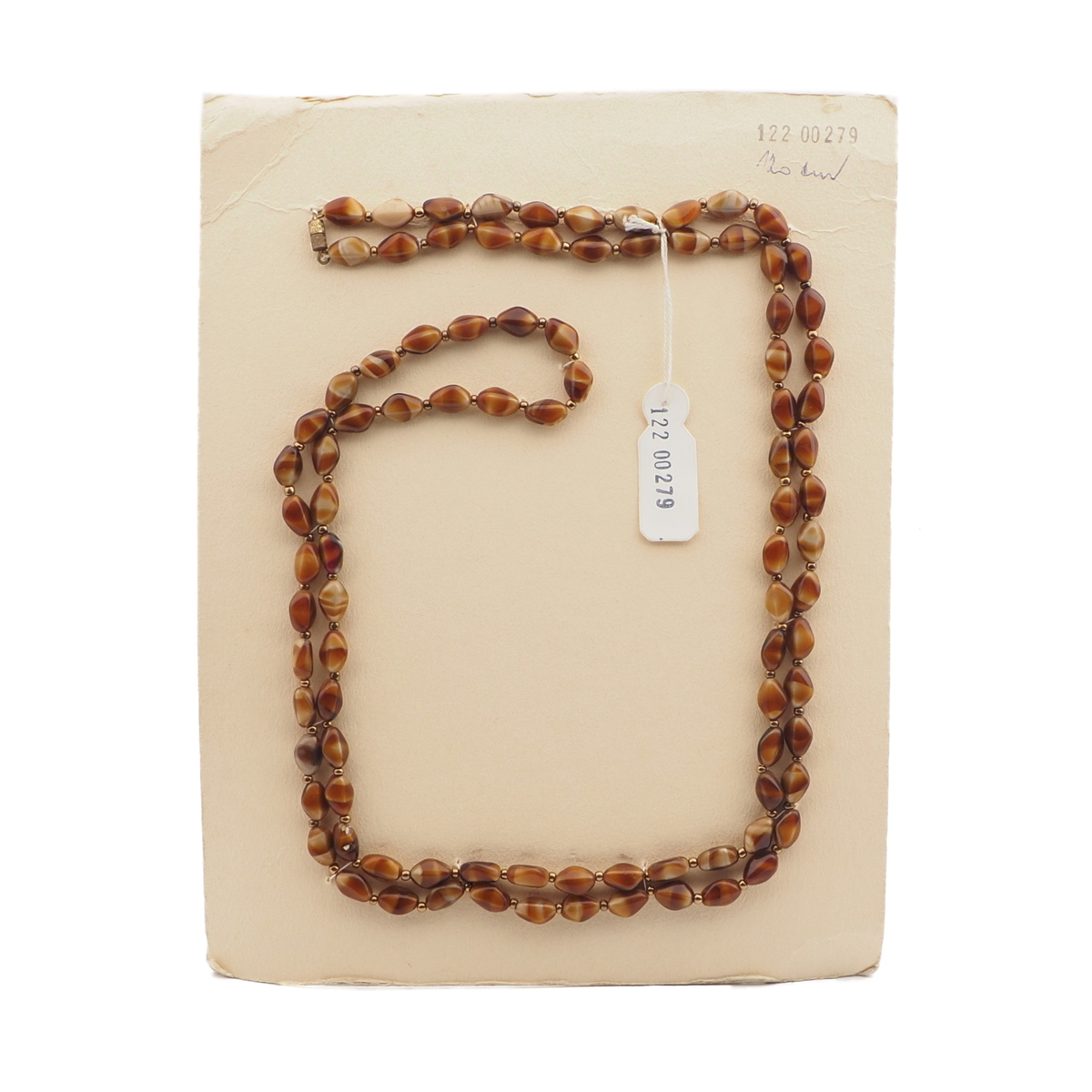 Vintage Czech necklace brown satin striped glass beads 47"