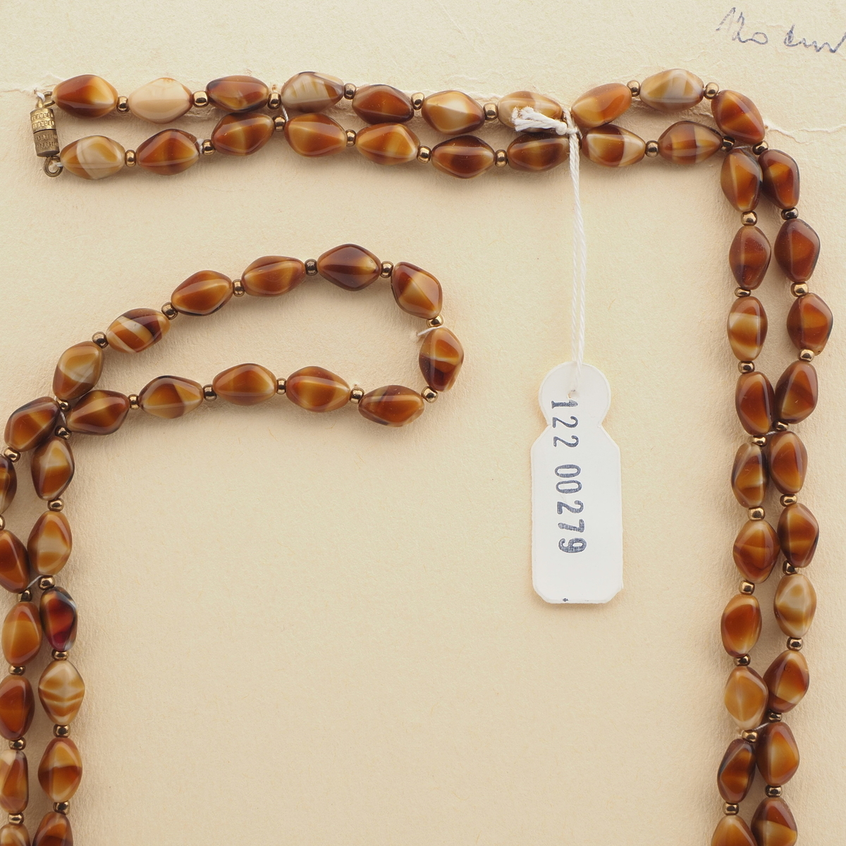 Vintage Czech necklace brown satin striped glass beads 47"