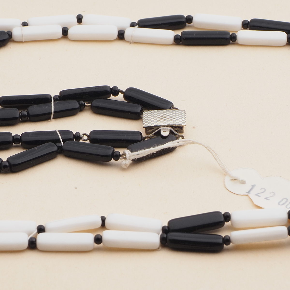 Vintage Czech 2 strand necklace black white rectangle glass beads
