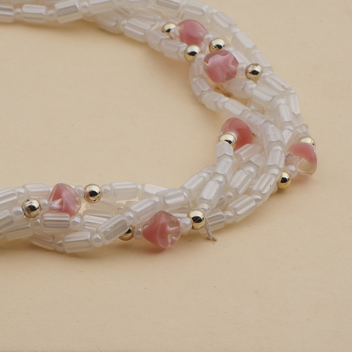 Vintage Czech 5 strand necklace pearl pink bicolor glass beads