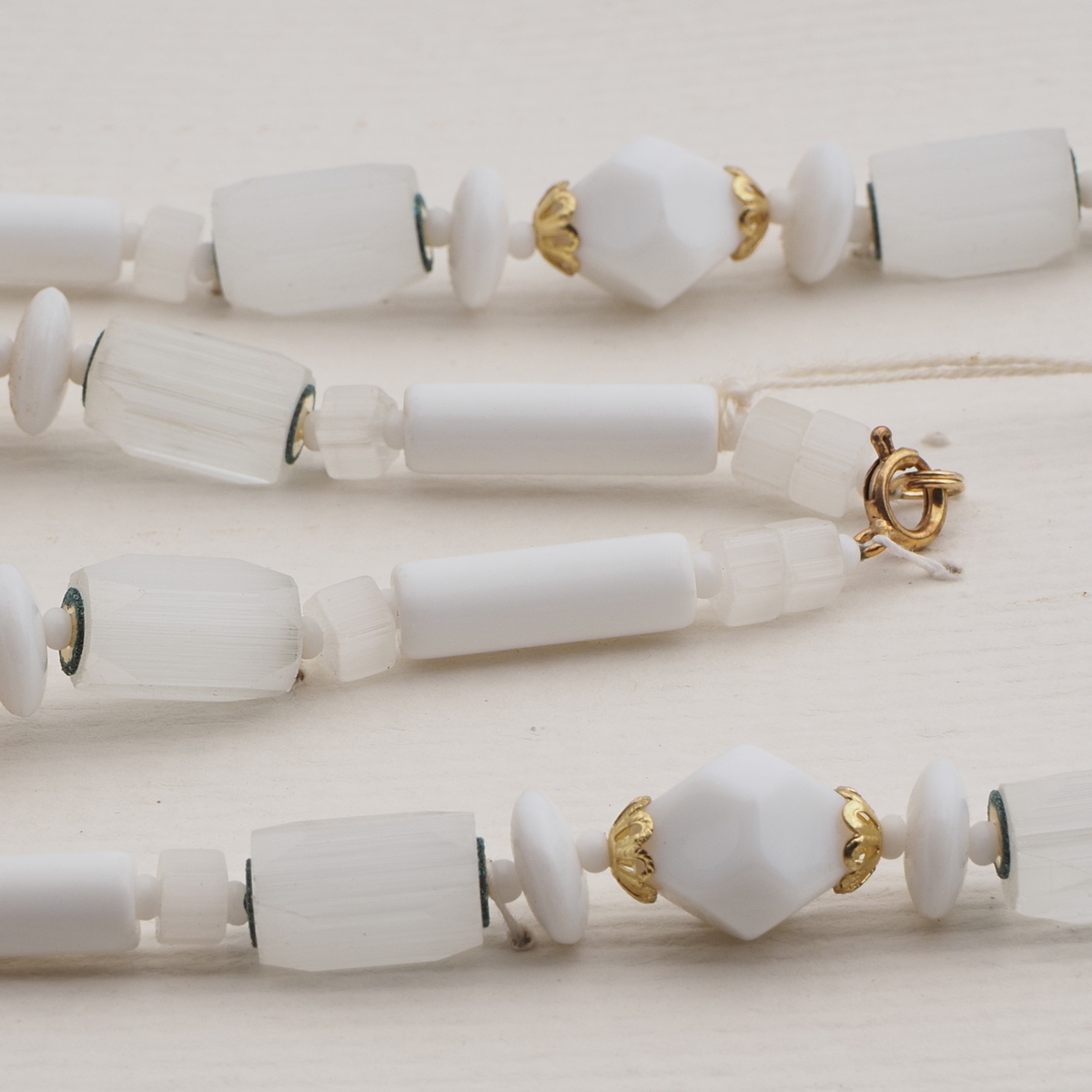 Vintage Czech necklace white satin atlas glass beads
