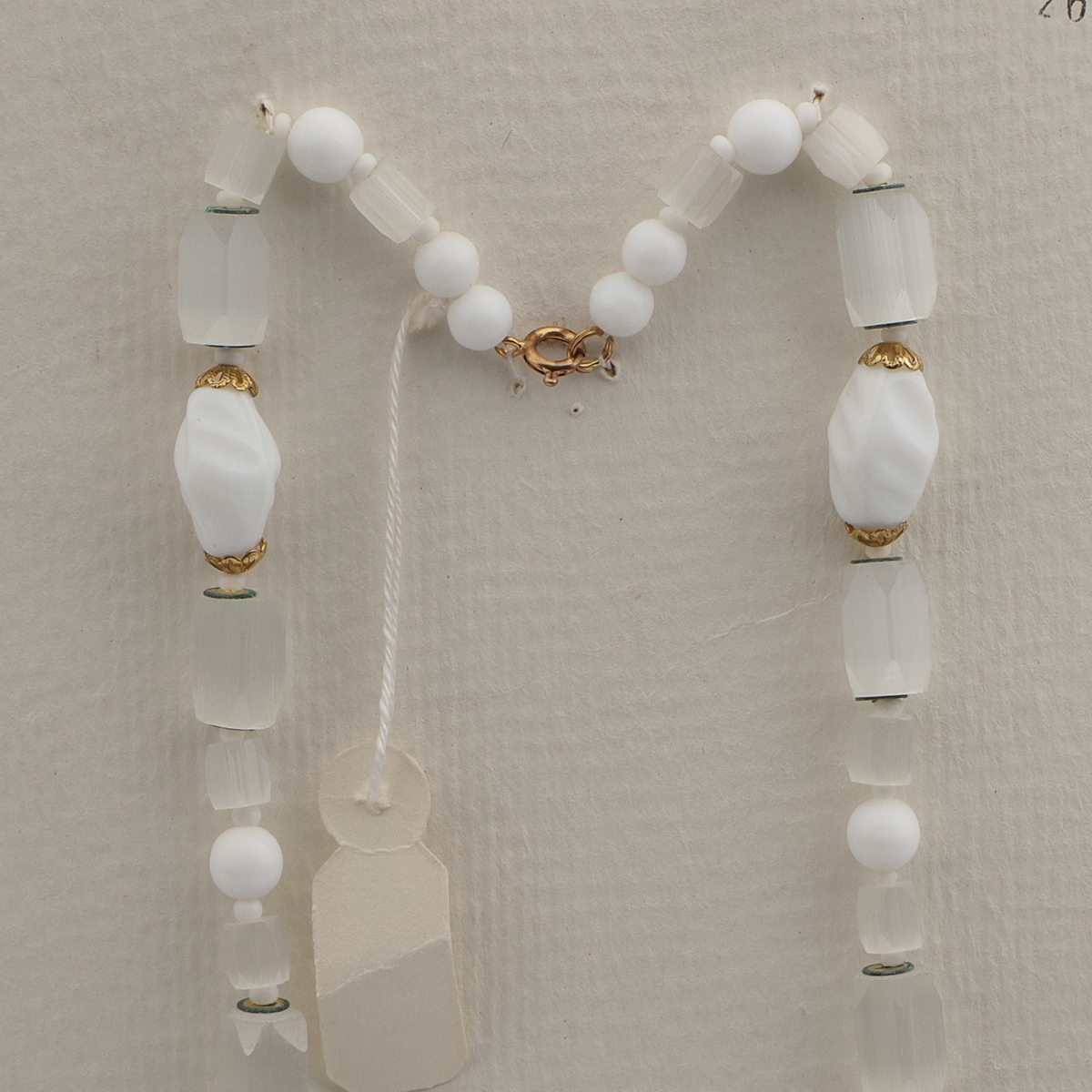 Vintage Czech necklace white satin atlas bugle glass beads