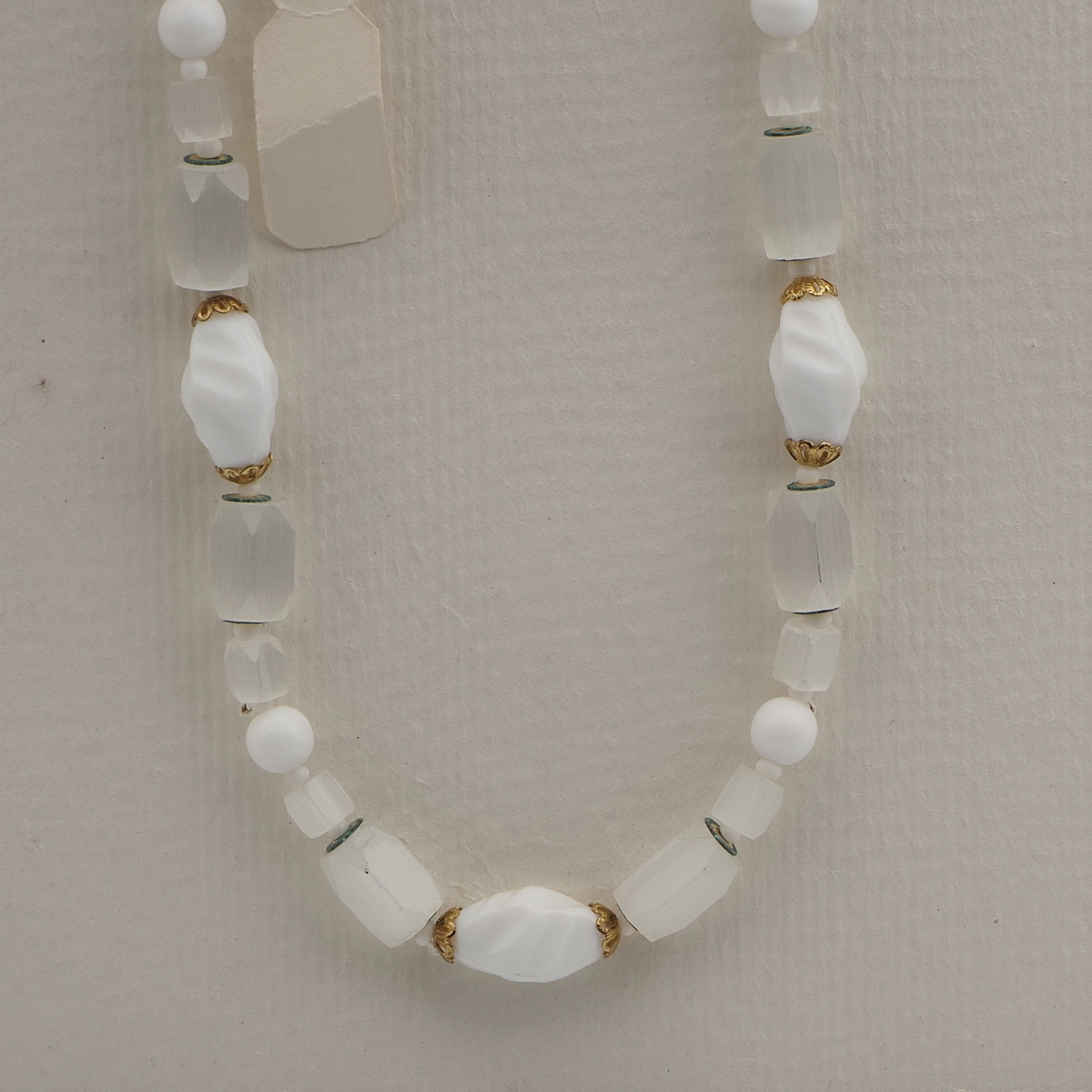 Vintage Czech necklace white satin atlas bugle glass beads