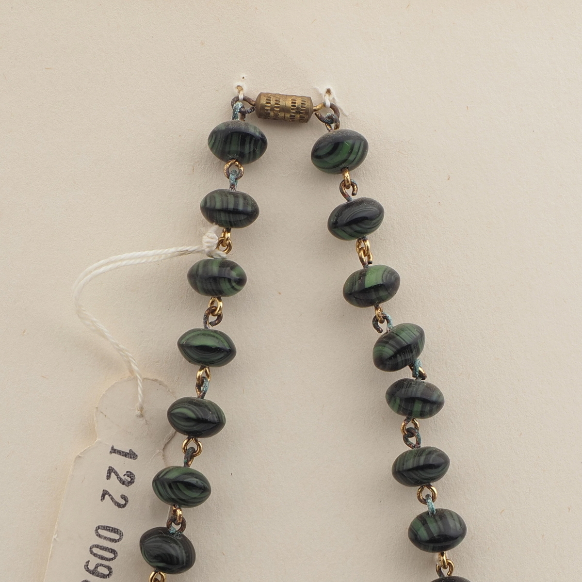 Vintage Czech link necklace green black striped glass beads