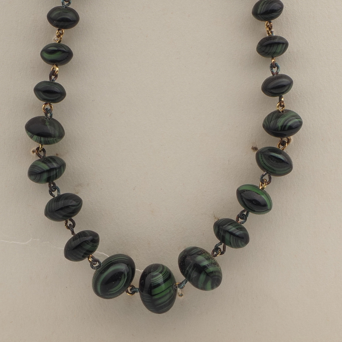 Vintage Czech link necklace green black striped glass beads