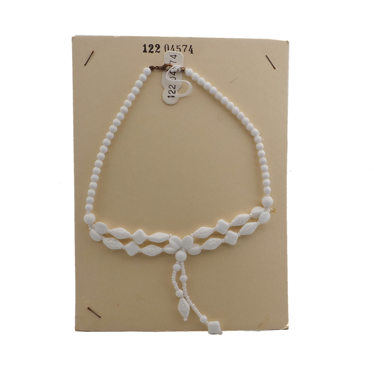 Vintage Czech tassle necklace white round square bicone glass beads