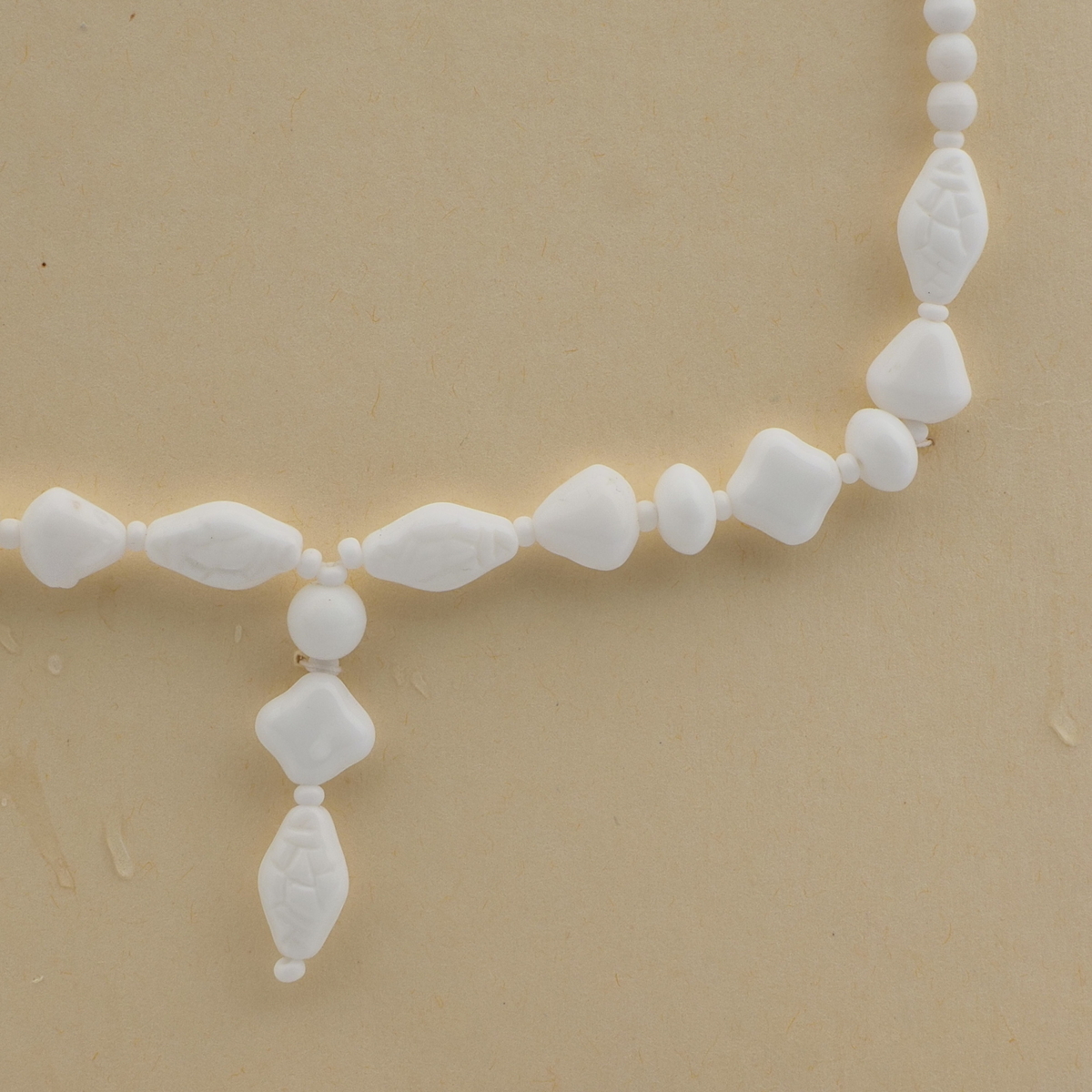 Vintage Czech tassle necklace white rondelle square bicone glass beads