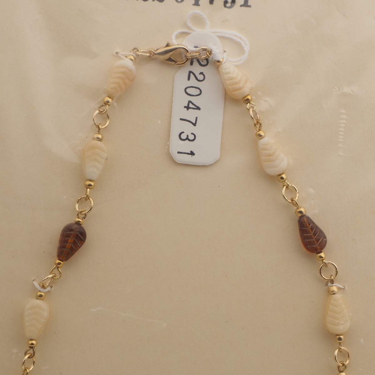 Vintage Czech link necklace beige topaz feather teardrop glass beads