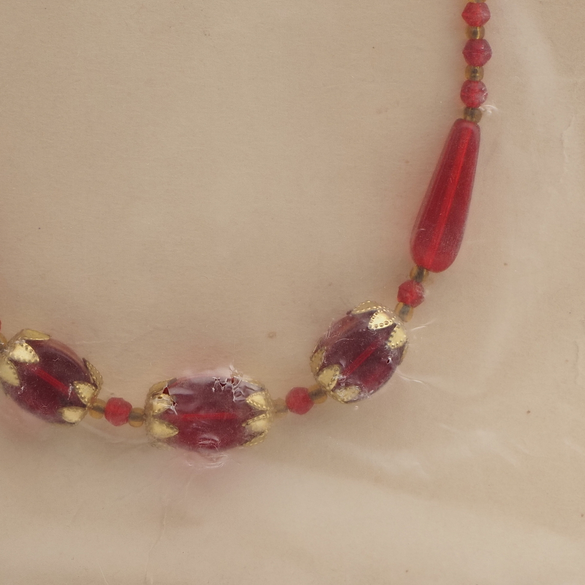 Vintage Czech necklace red English cut teardrop oval glass beads 