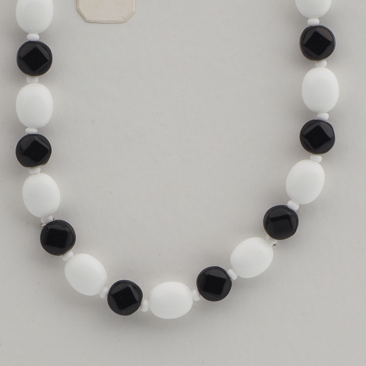 Vintage Czech necklace black white glass beads 15"