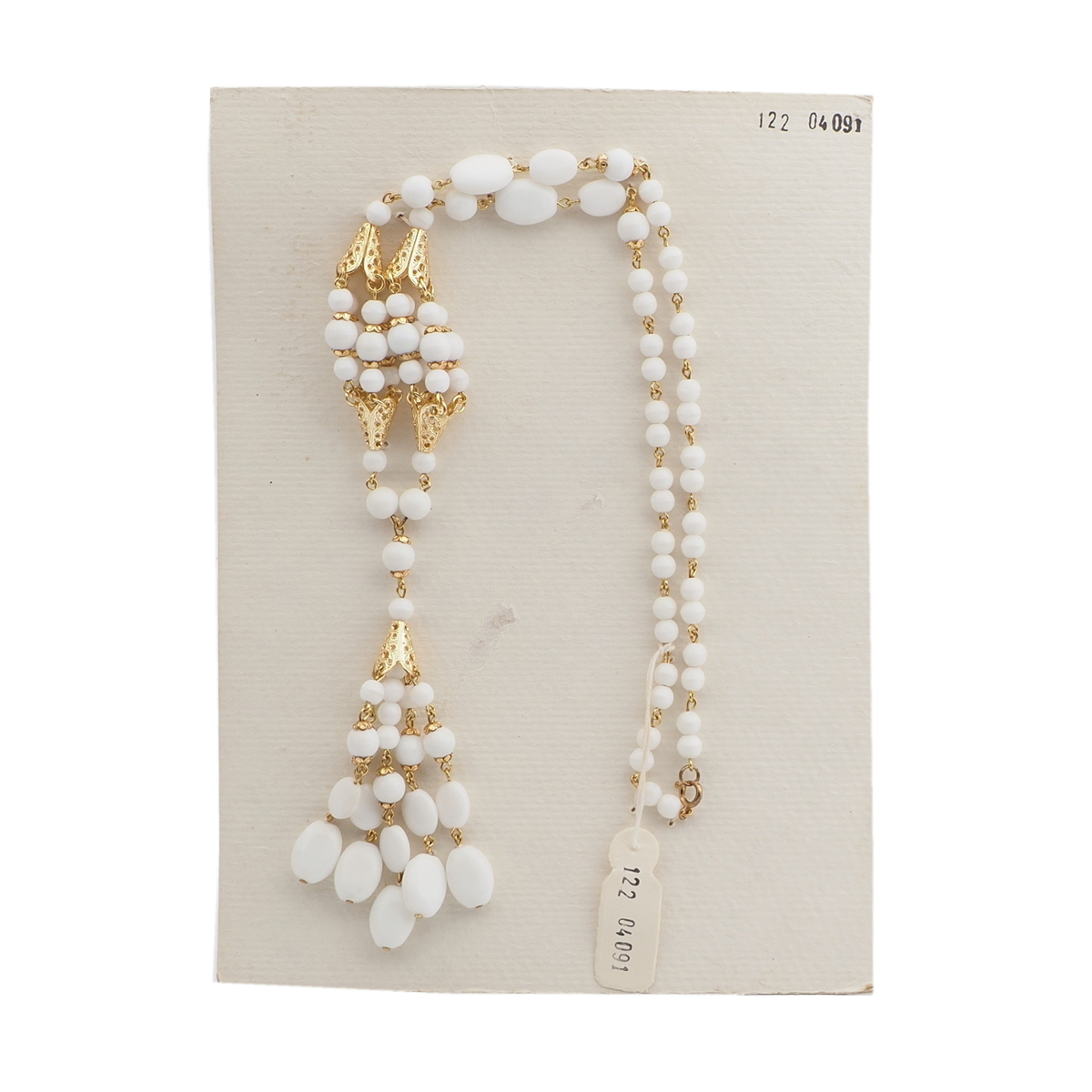 Vintage Czech link tassle necklace white glass beads