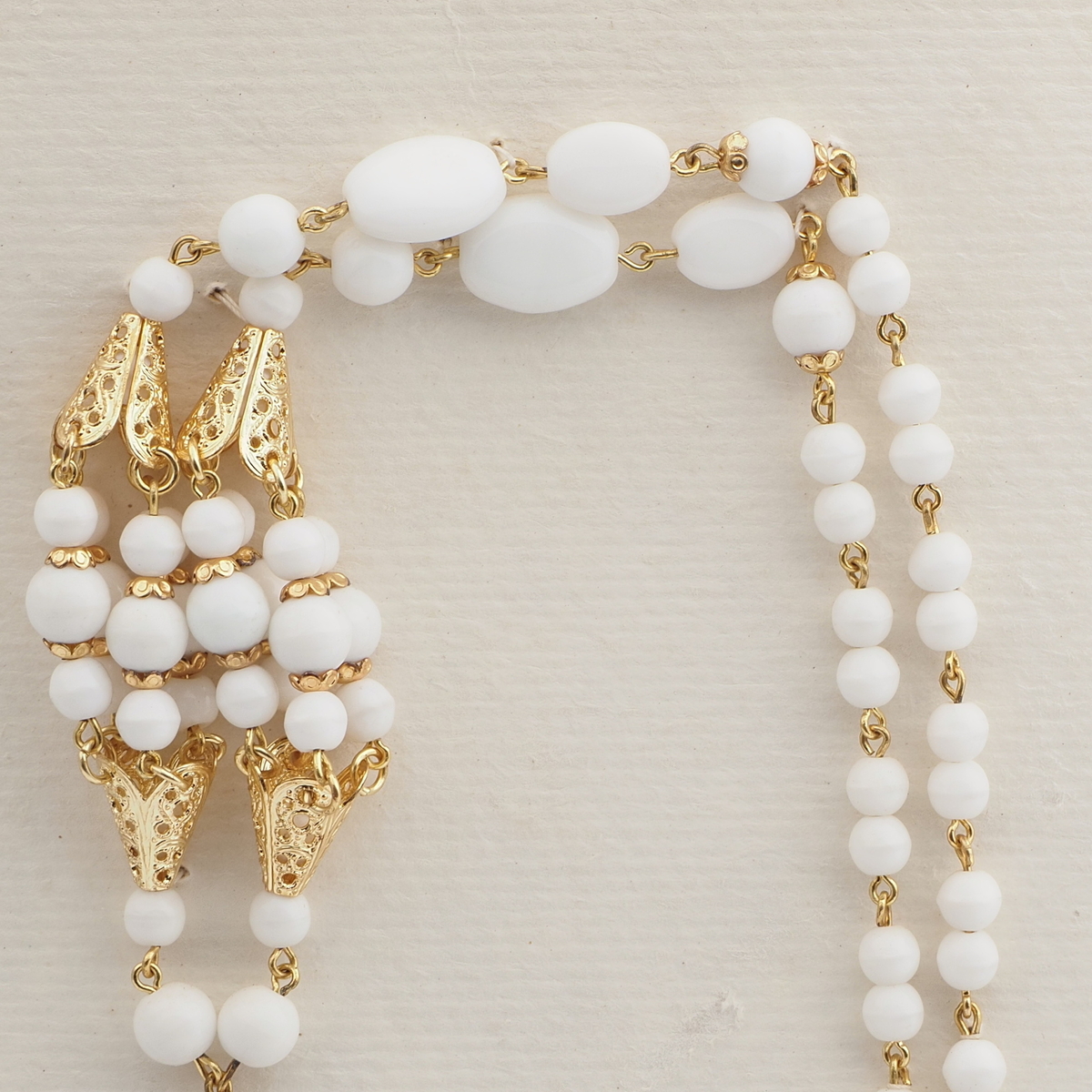 Vintage Czech link tassle necklace white glass beads