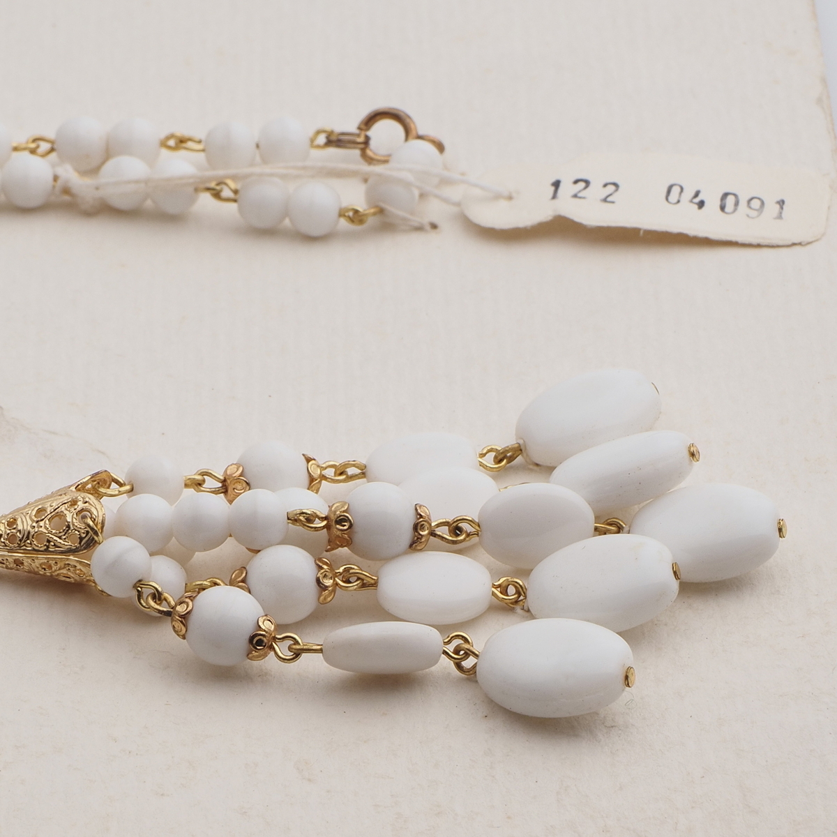 Vintage Czech link tassle necklace white glass beads