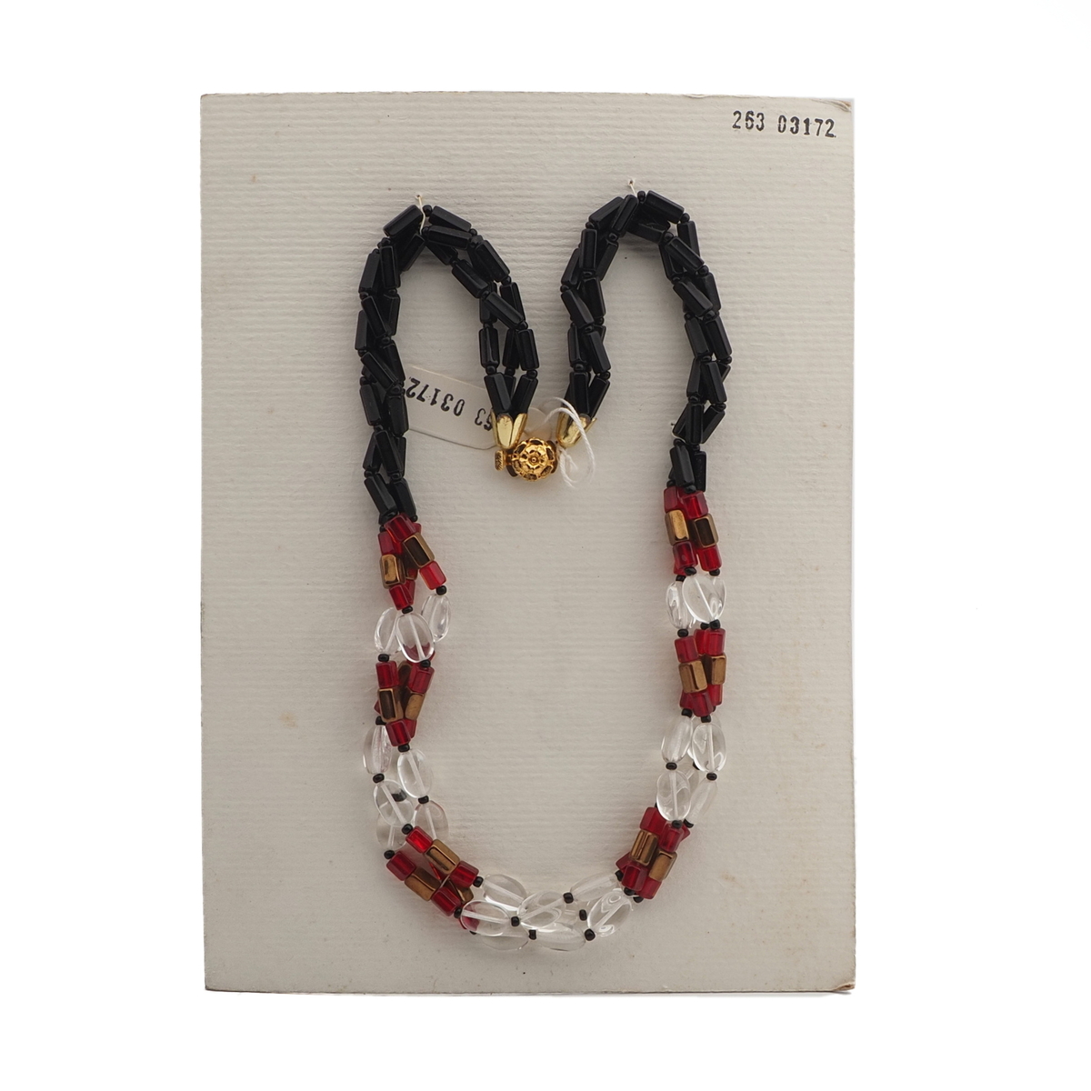 Vintage Czech 3 strand necklace clear black red bronze glass beads